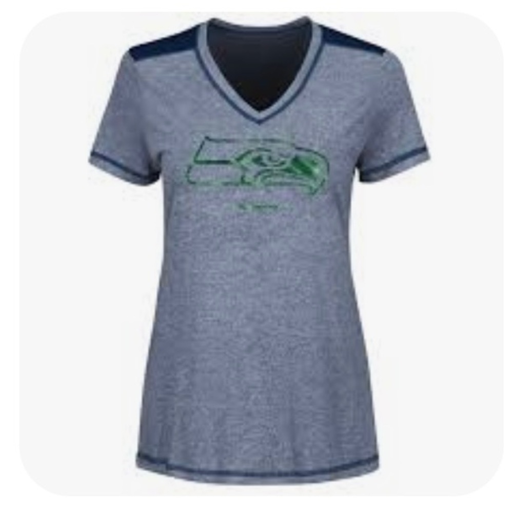 Seattle Seahawks Majestic Bright Lights V-Neck Top Navy Foil Green Graphic-M